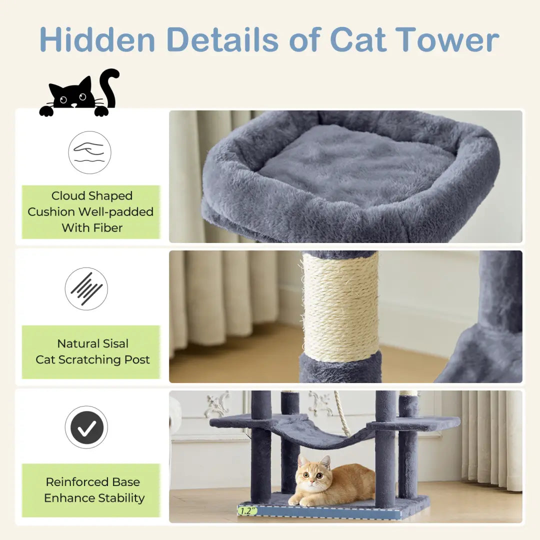 Gray cloud-shaped cushioned cat bed with soft plush fabric and fiber-filled padding featured in a 66 inch multi-cat tree tower and condo.