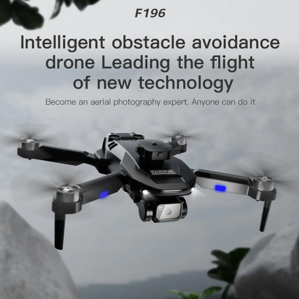 Black f196 dual camera obstacle avoidance drone with blue led lights on arms and camera mounted beneath