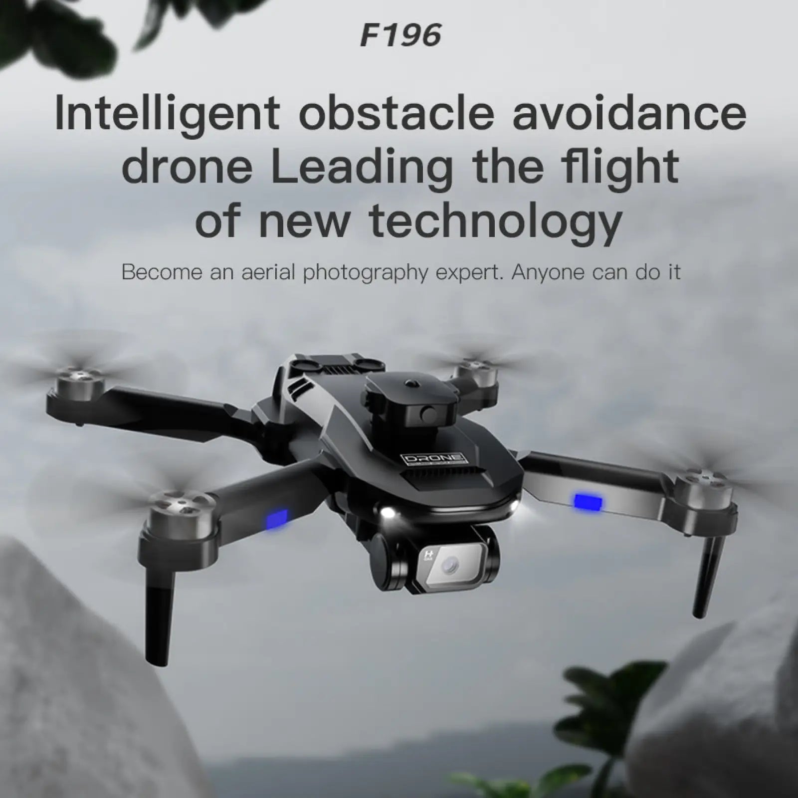 Black f196 dual camera obstacle avoidance drone with blue led lights on arms and camera mounted beneath