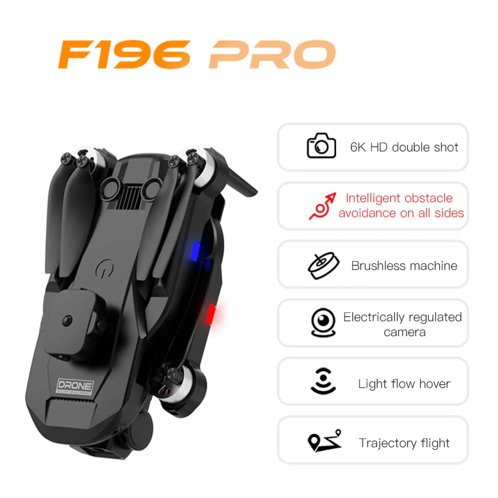 Black f196 dual camera obstacle avoidance drone with folded propellers and illuminated blue and red leds