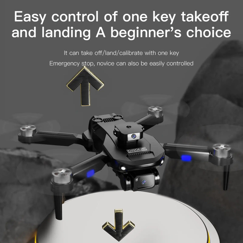Black f196 dual camera obstacle avoidance drone with blue led lights and camera mounted below the arms