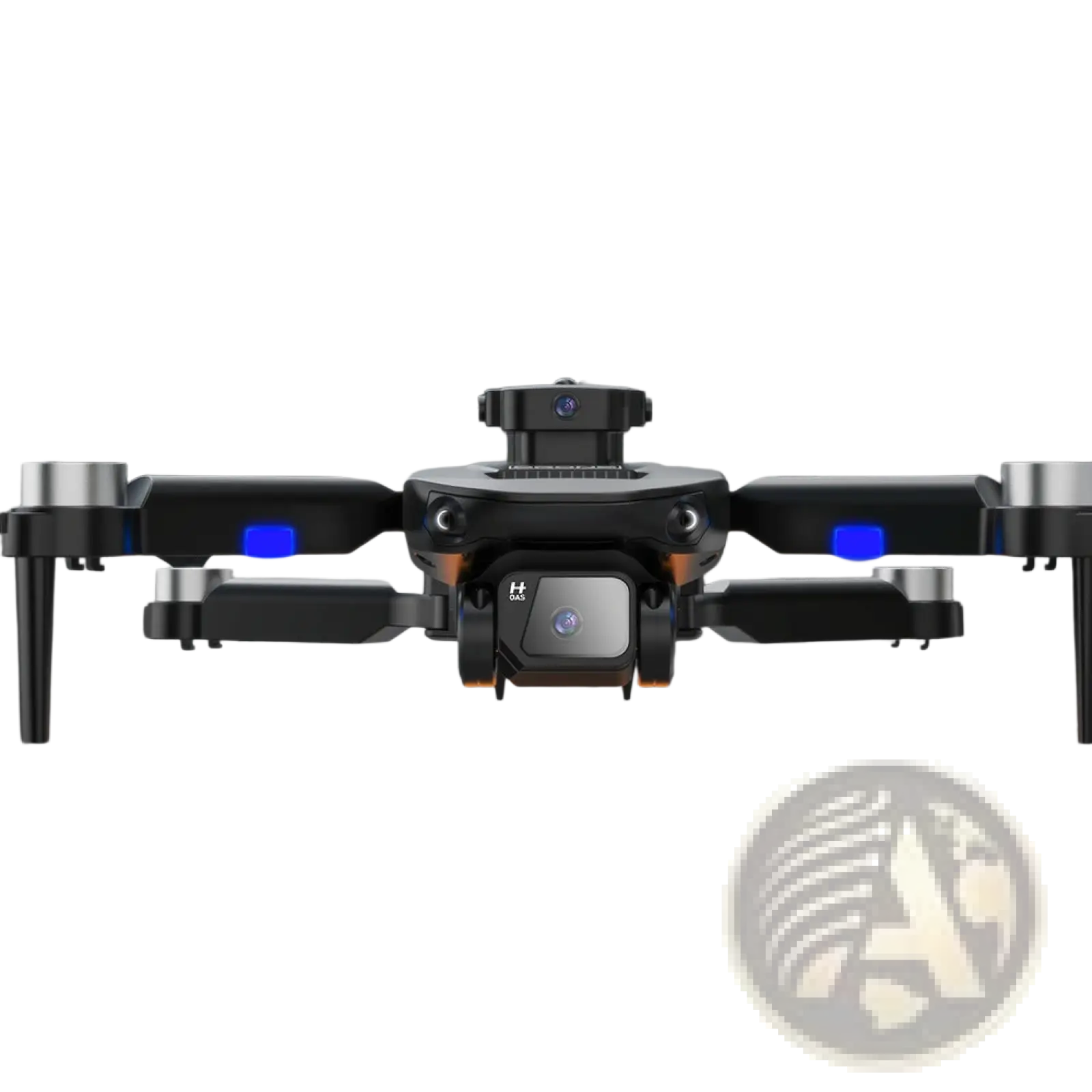 Black and silver F196 dual camera obstacle avoidance drone with blue led lights and central mounted camera