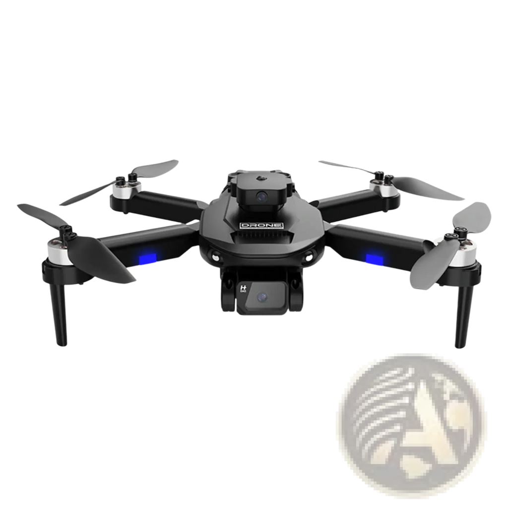 Black d-zone f196 dual camera obstacle avoidance drone with four propellers and blue led lights on arms