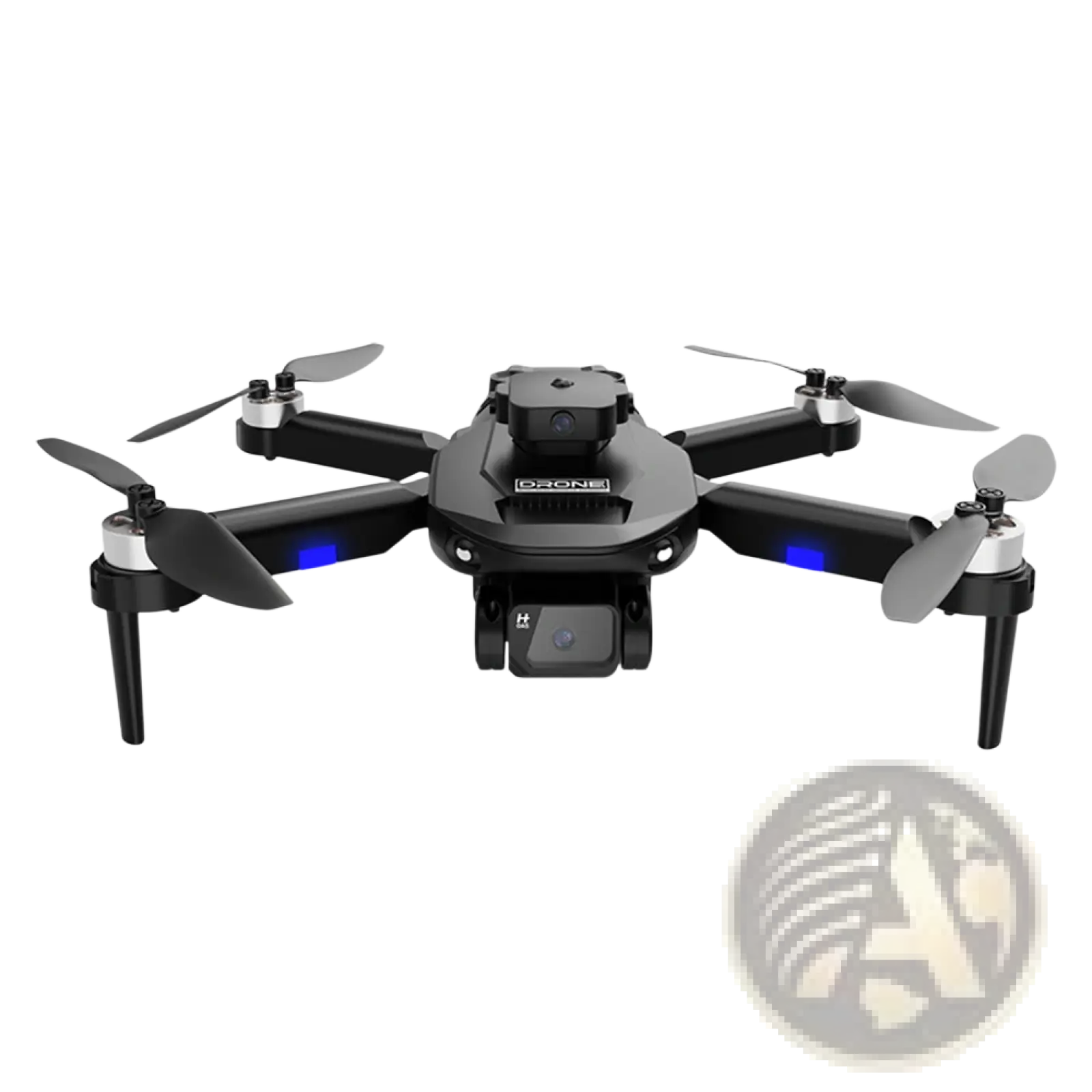 Black d-zone f196 dual camera obstacle avoidance drone with four propellers and blue led lights on arms