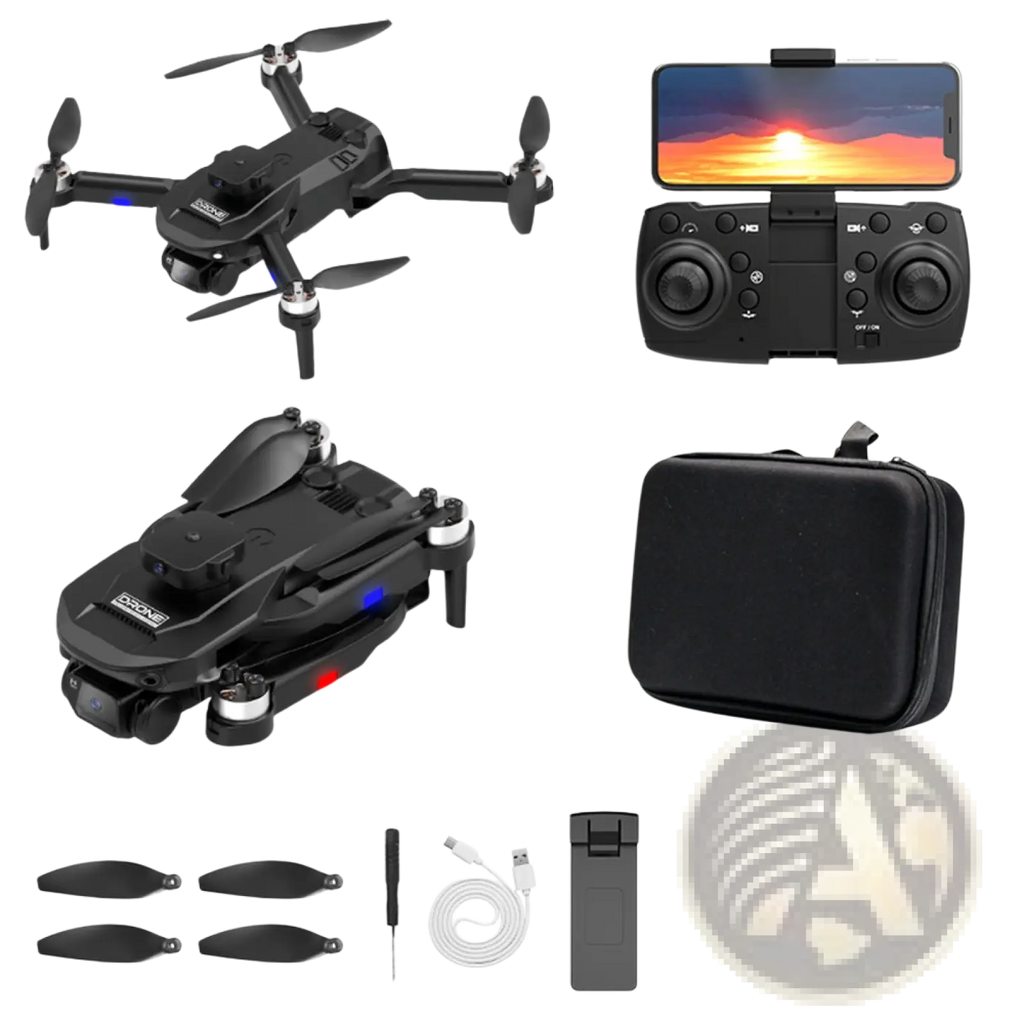 Black foldable drone with blue and red led lights showing the back side of the f196 dual camera obstacle avoidance drone