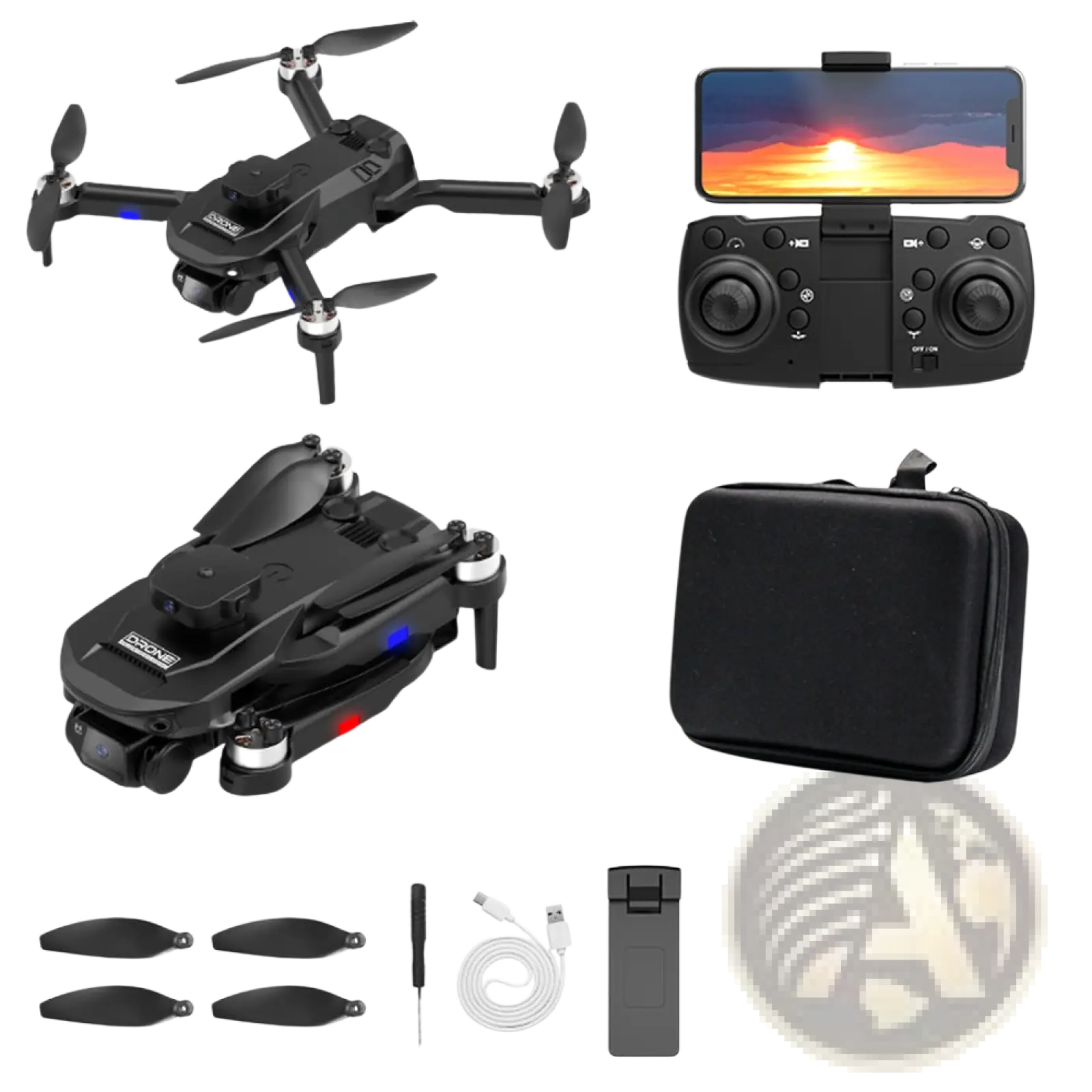 Black foldable drone with blue and red led lights showing the back side of the f196 dual camera obstacle avoidance drone