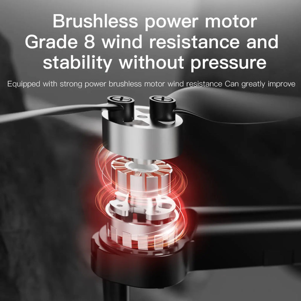 Silver brushless motor with internal gears and red glowing accents on the f196 dual camera obstacle avoidance drone