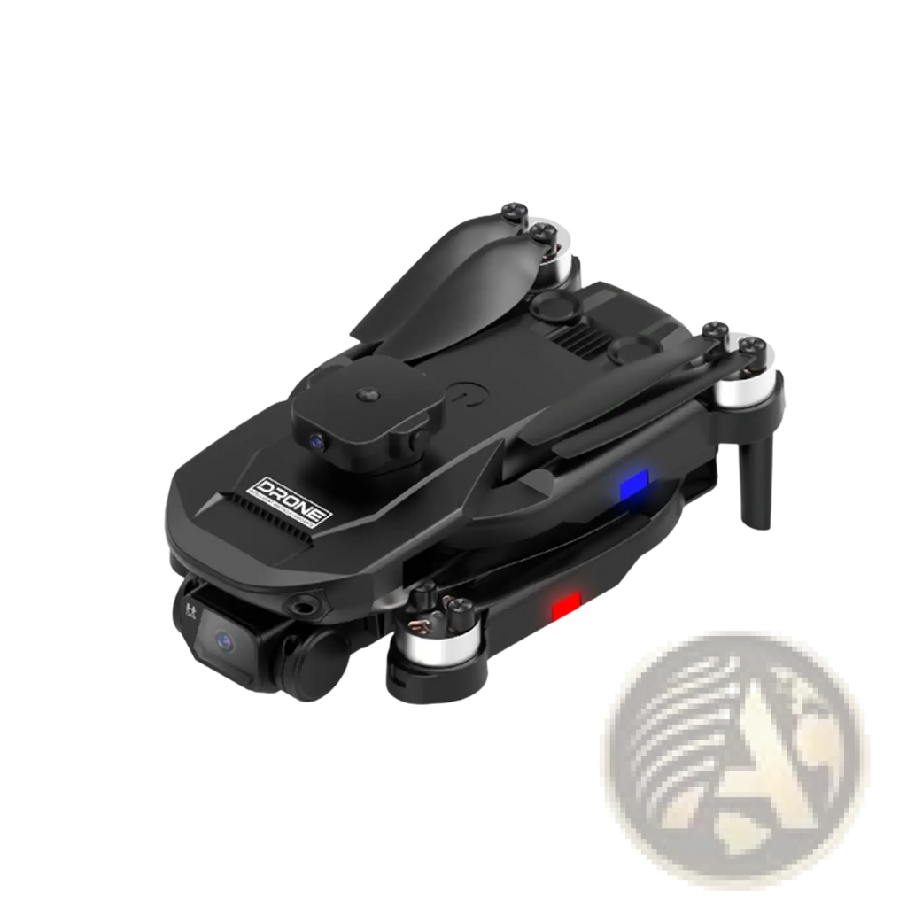 Black foldable F196 dual camera obstacle avoidance drone with sleek design and illuminated red and blue side lights
