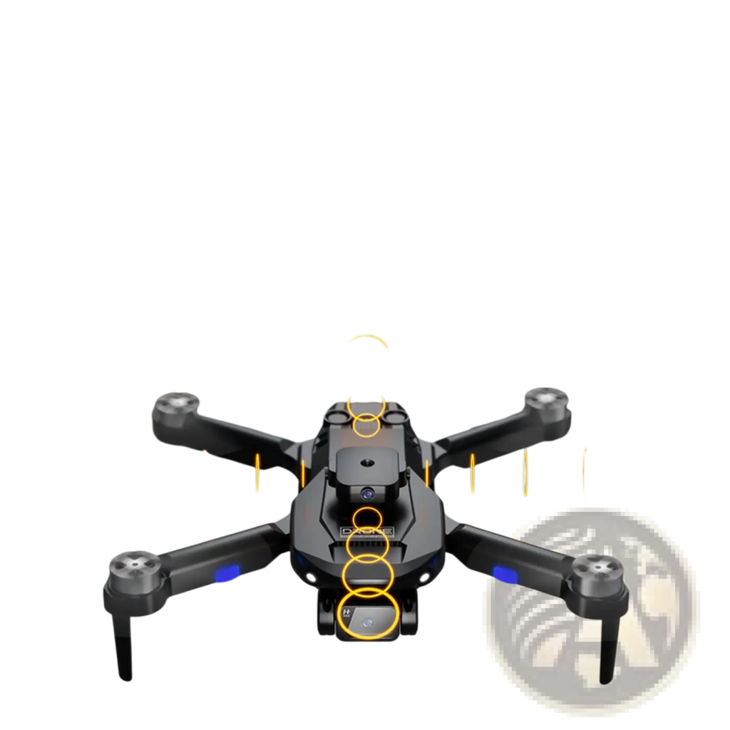 Black quadcopter drone with blue led lights and central camera featuring dual camera obstacle avoidance technology