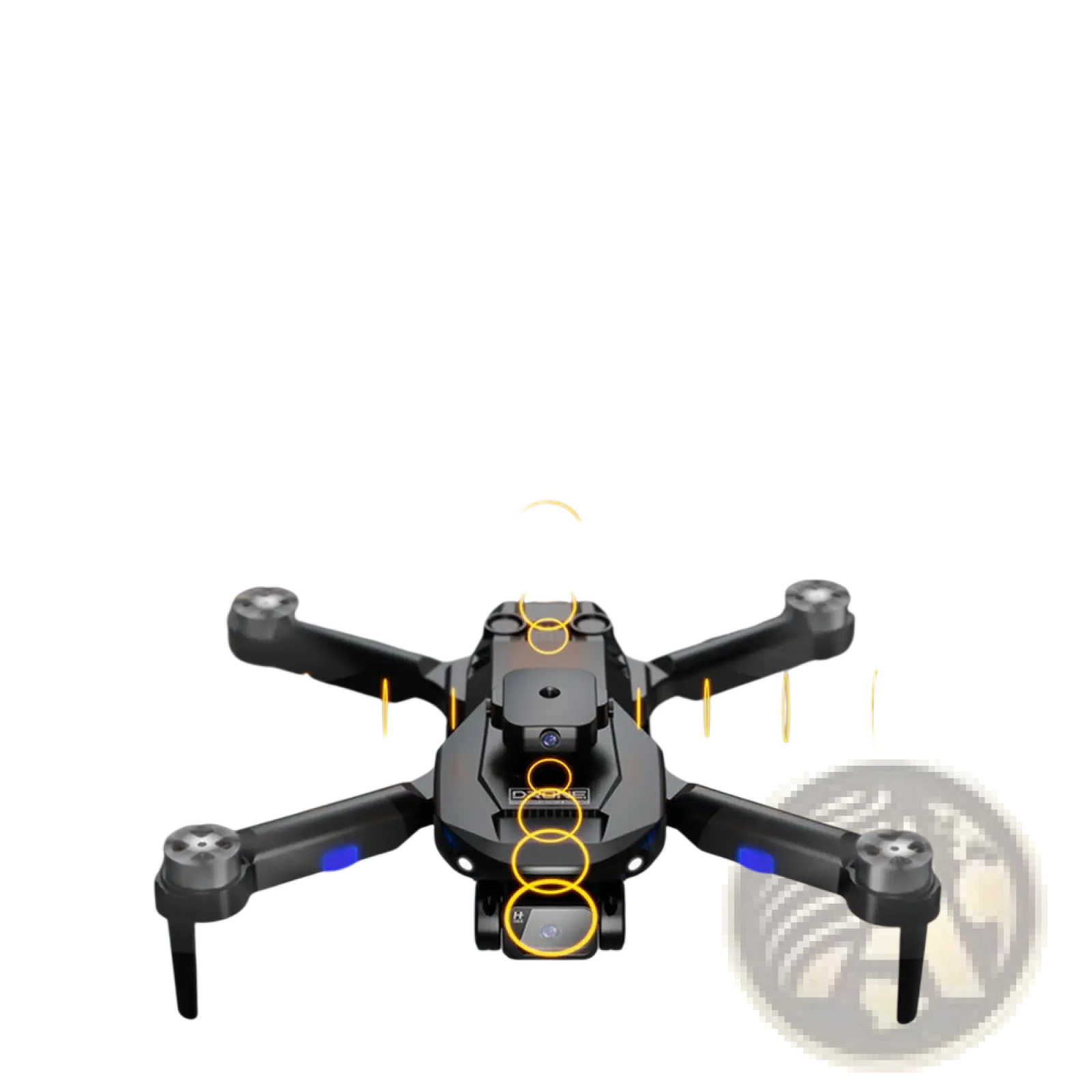 Black quadcopter drone with blue led lights and central camera featuring dual camera obstacle avoidance technology