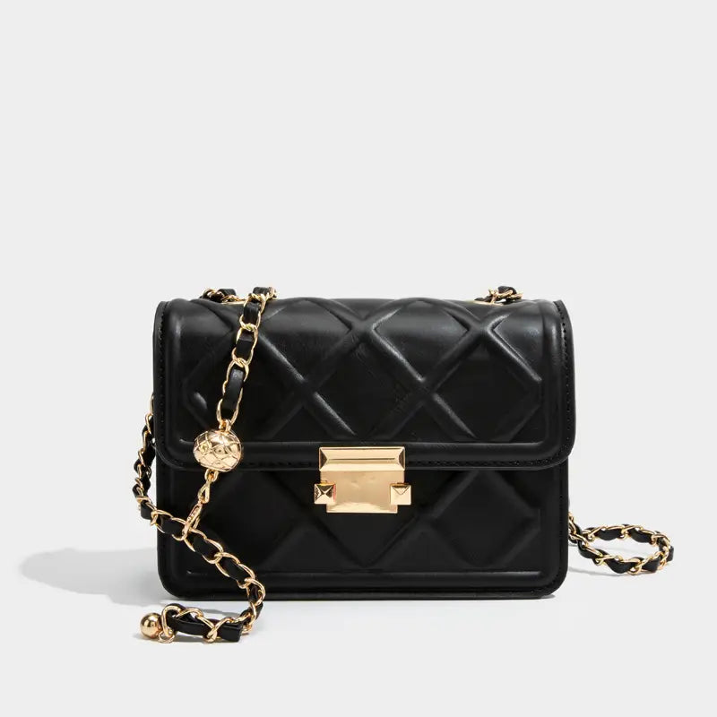 Black quilted leather crossbody bag with gold-tone chain strap and clasp shown from the front.