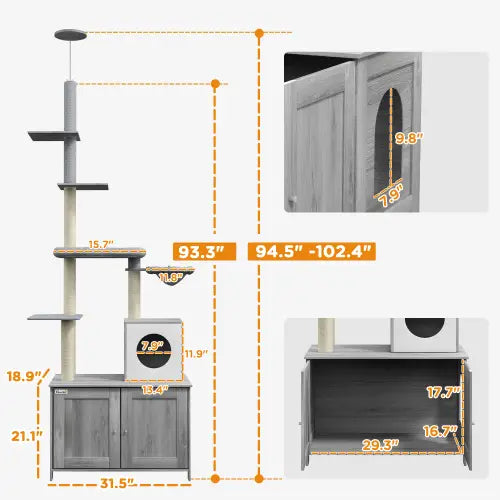 Arbre à chat Pawhut gris en bois du sol au plafond avec plusieurs plateformes et une armoire d’enceinte pour boîte à litière intégrée, destiné à un usage intérieur.