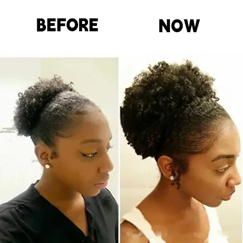 Una mujer con un peinado recogido voluminoso de rizos oscuros, peinado para realzar el brillo natural mediante el uso de aceite para el cabello de menta para el cuidado del cuero cabelludo y el crecimiento.