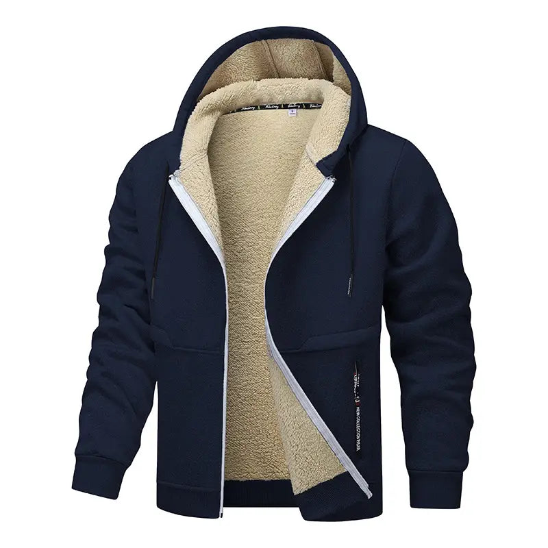 Dunkelblauer Herren-Schwergewicht-Sherpa-Fleecepullover mit Reißverschluss, innen mit Sherpa gefüttert, mit plüschigem beigem Sherpa-Futter und weißem Reißverschlussbesatz.