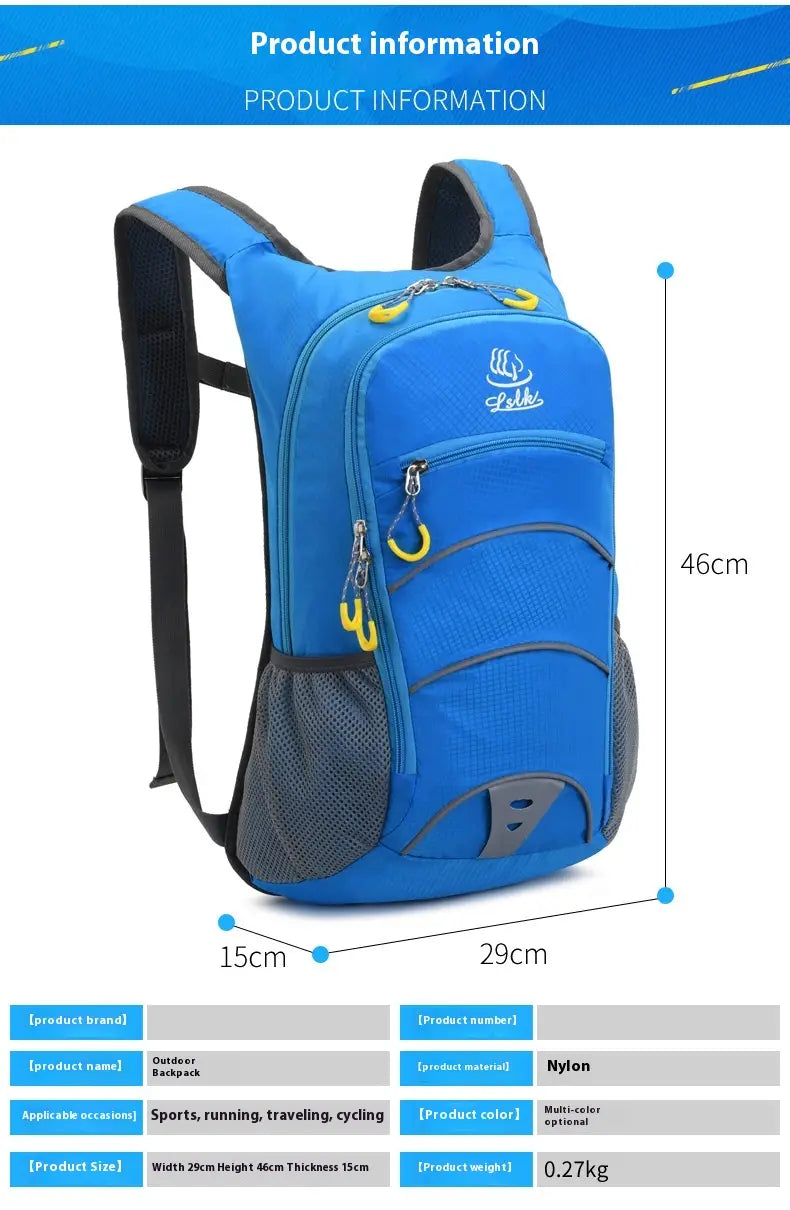 Blue nylon hydration backpack with black straps, gray mesh side pockets, and yellow zipper pulls designed as a lightweight outdoor cycling bag.