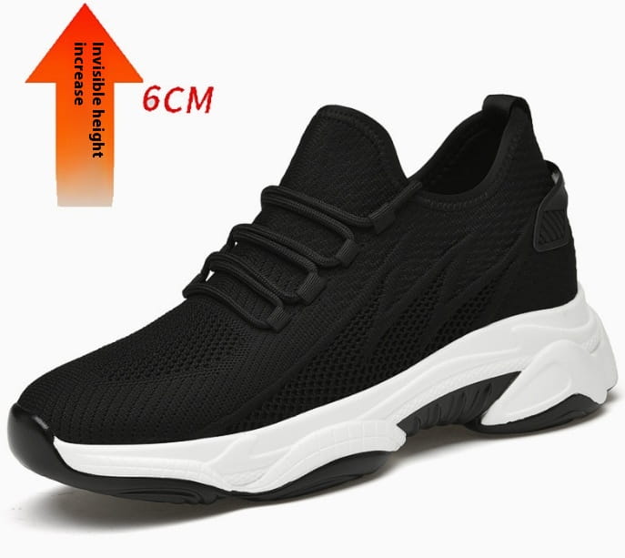 Men’s air cushion running shoes black knit sneaker with thick white sole and subtle black accents.