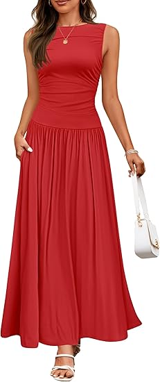 Red sleeveless maxi dress with a fitted bodice and flowing pleated skirt featuring pockets.