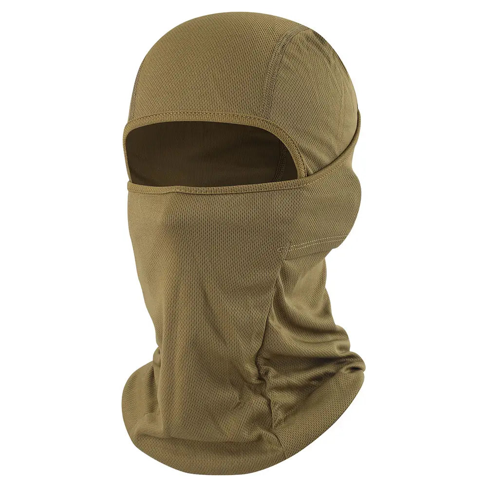 Tan tactical balaclava with mesh texture and eye openings designed as a breathable motorcycle balaclava sun protection mask.