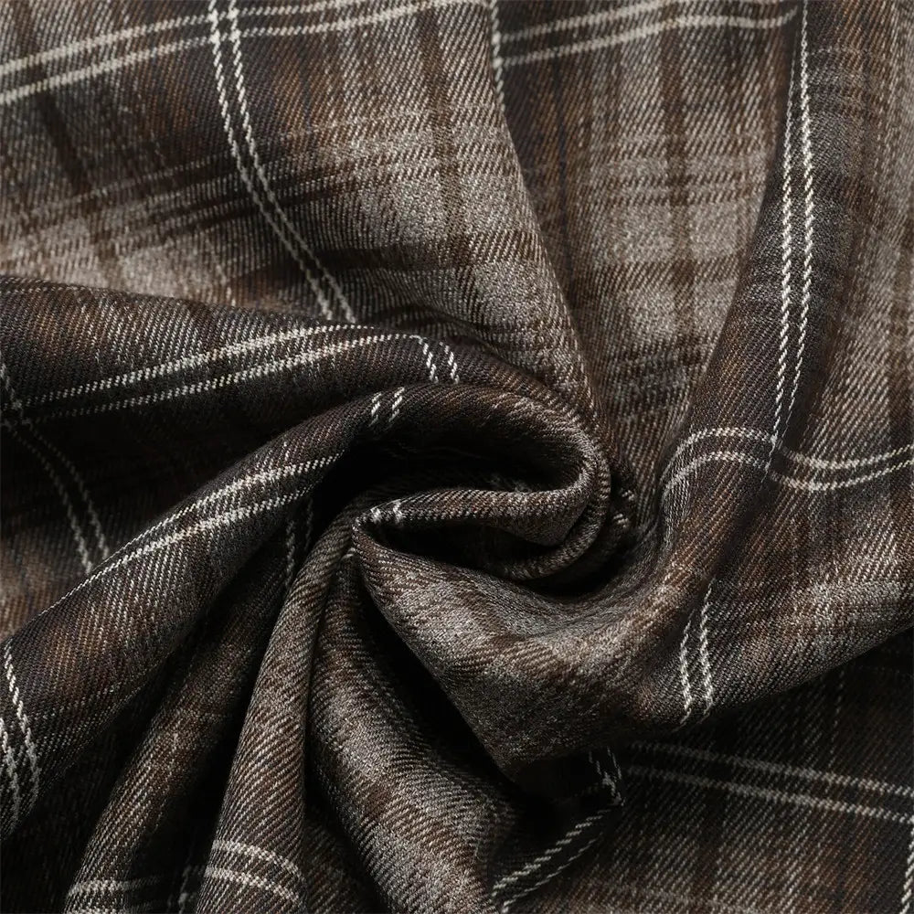 embroidered plaid short sleeve shirt featuring brown and white plaid fabric with a textured woven appearance