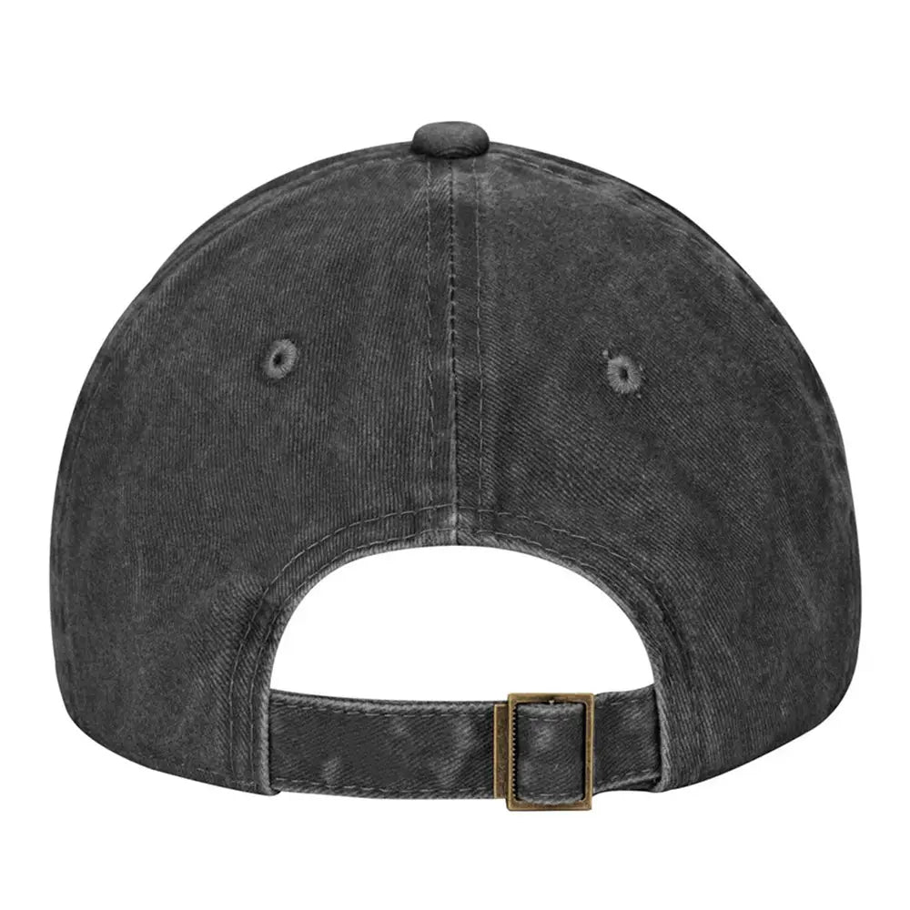Elephant embroidered vintage washed cotton baseball cap in dark gray with distressed fabric, brass-colored buckle, and adjustable strap shown from the back side.