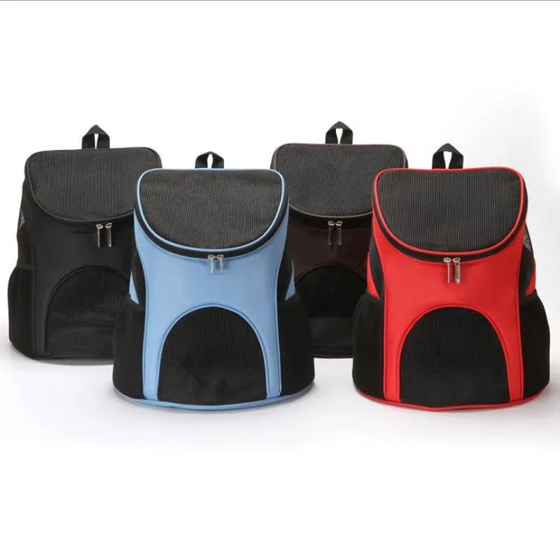 Dog carrier backpacks in black blue and red with breathable mesh panels and zipper closures designed for small pet travel.