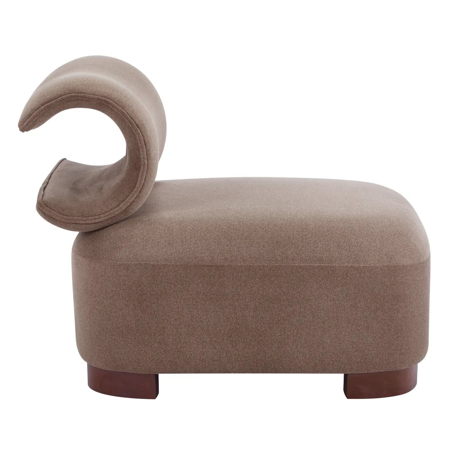 Beige upholstered sheep-shaped ottoman with wooden legs designed as a modern brown polyester pet friendly accent chair.