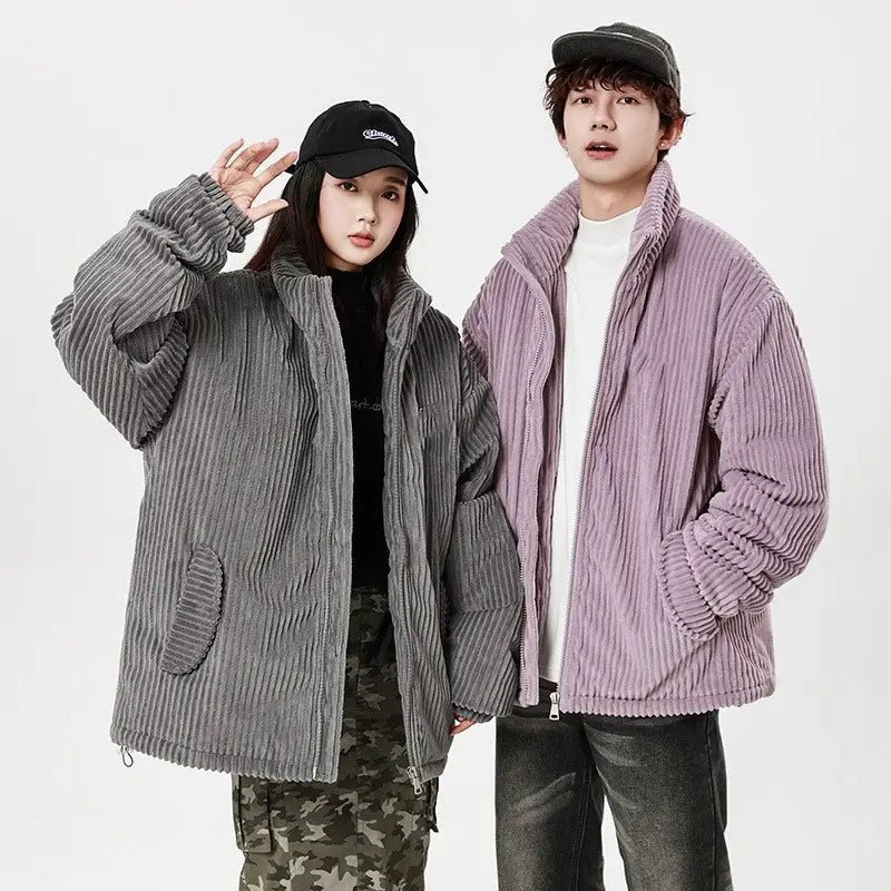 gray and lavender corduroy puffer jackets for couples with ribbed texture zip-up fronts and front pockets