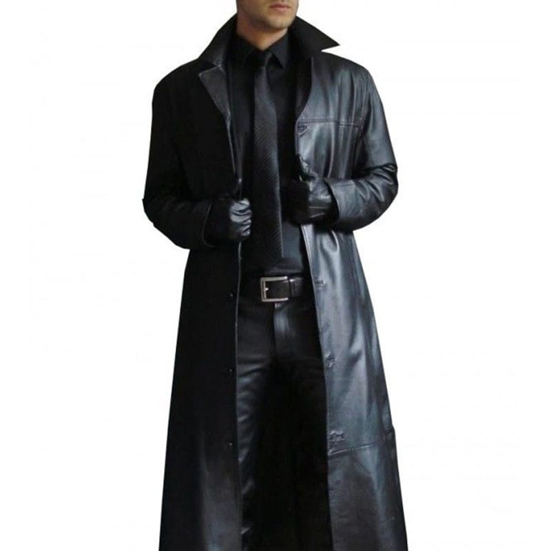Black leather slim trench coat for men featuring a classic collar and buttoned front