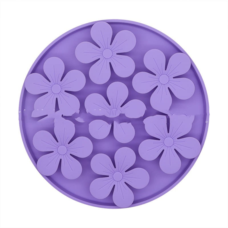 Bac à glaçons en silicone violet, en forme de fleurs, fabriqué en silicone de qualité alimentaire, inclus dans un tapis à lécher en silicone pour animal et un ensemble d’aliments pour mangeoire lente