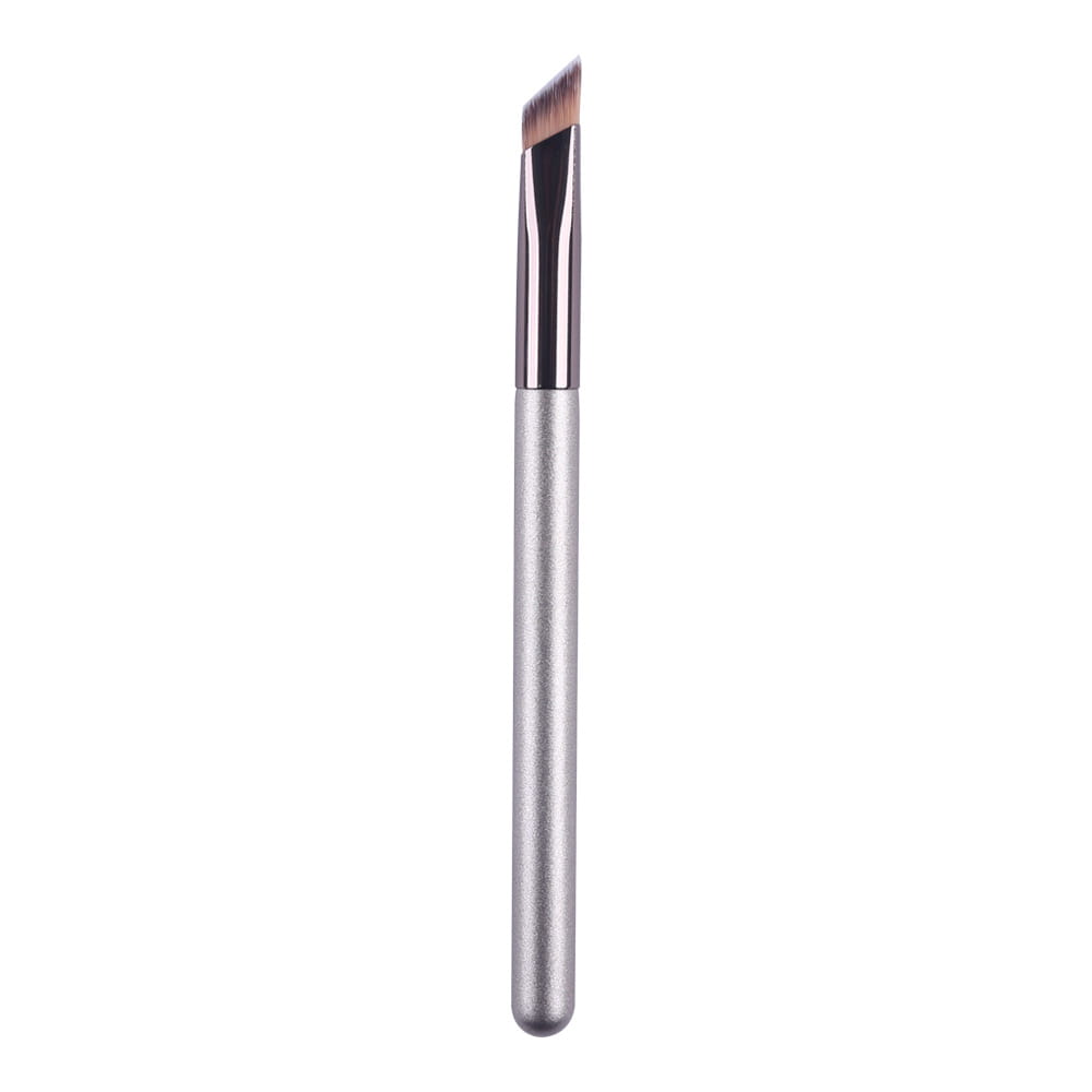 Silver angled Wild Eyebrow Brush with a sleek metallic handle and soft tapered bristles designed as a 3d stereoscopic makeup tool.