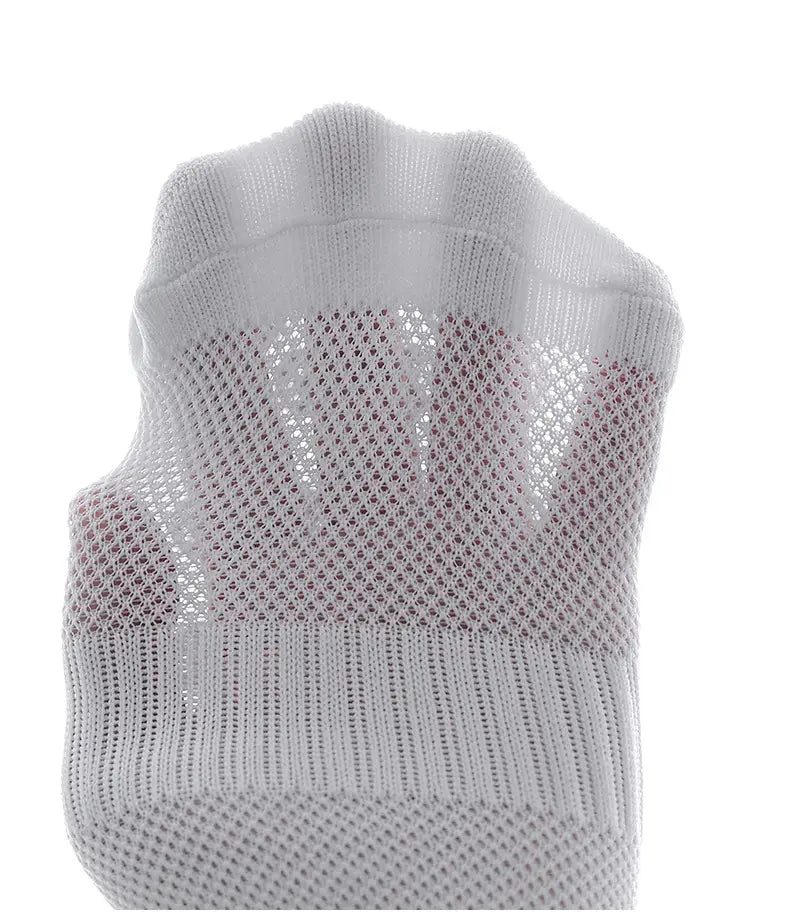 white knitted fingerless glove with breathable mesh pattern and reinforced ribbed cuff designed for anti-slip football grip socks for men.