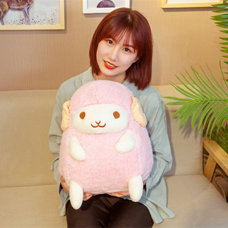 pink fluffy sheep plush toy with white face ears and feet soft stuffed animal doll measuring between 30 to 40 centimeters