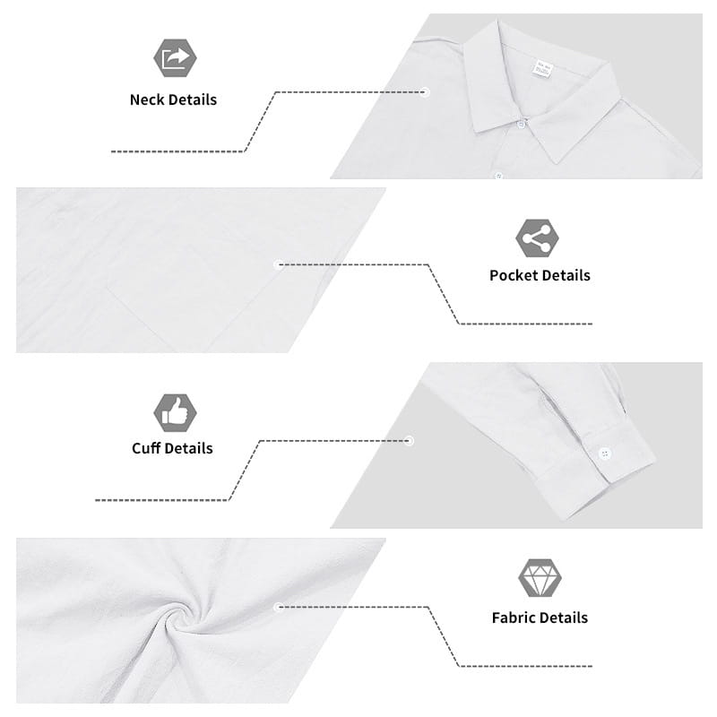 weißes Herren-Leinenhemd mit langen Ärmeln, mit klarem Kragen, sauber vernähten Bündchen und glatter Textur des Stoffes, mit lockerem Passform-Design.