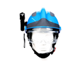 F2 firefighter rescue helmet in blue and gray with clear visor black flashlight headlamp and goggles attached