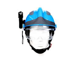 F2 firefighter rescue helmet in blue and gray with clear visor black flashlight headlamp and goggles attached