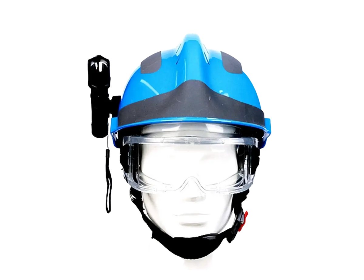 F2 firefighter rescue helmet in blue and gray with clear visor black flashlight headlamp and goggles attached