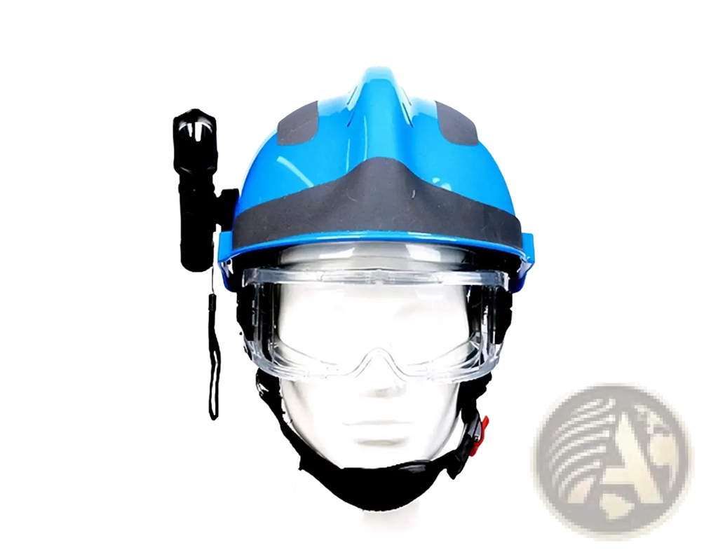 F2 firefighter rescue helmet in blue and gray with clear visor black flashlight headlamp and goggles attached