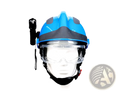 F2 firefighter rescue helmet in blue and gray with clear visor black flashlight headlamp and goggles attached