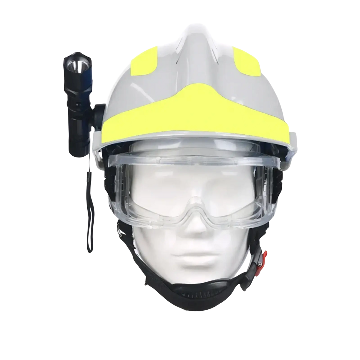 F2 firefighter rescue helmet in gray with bright yellow reflective stripes, clear visor, and mounted black flashlight