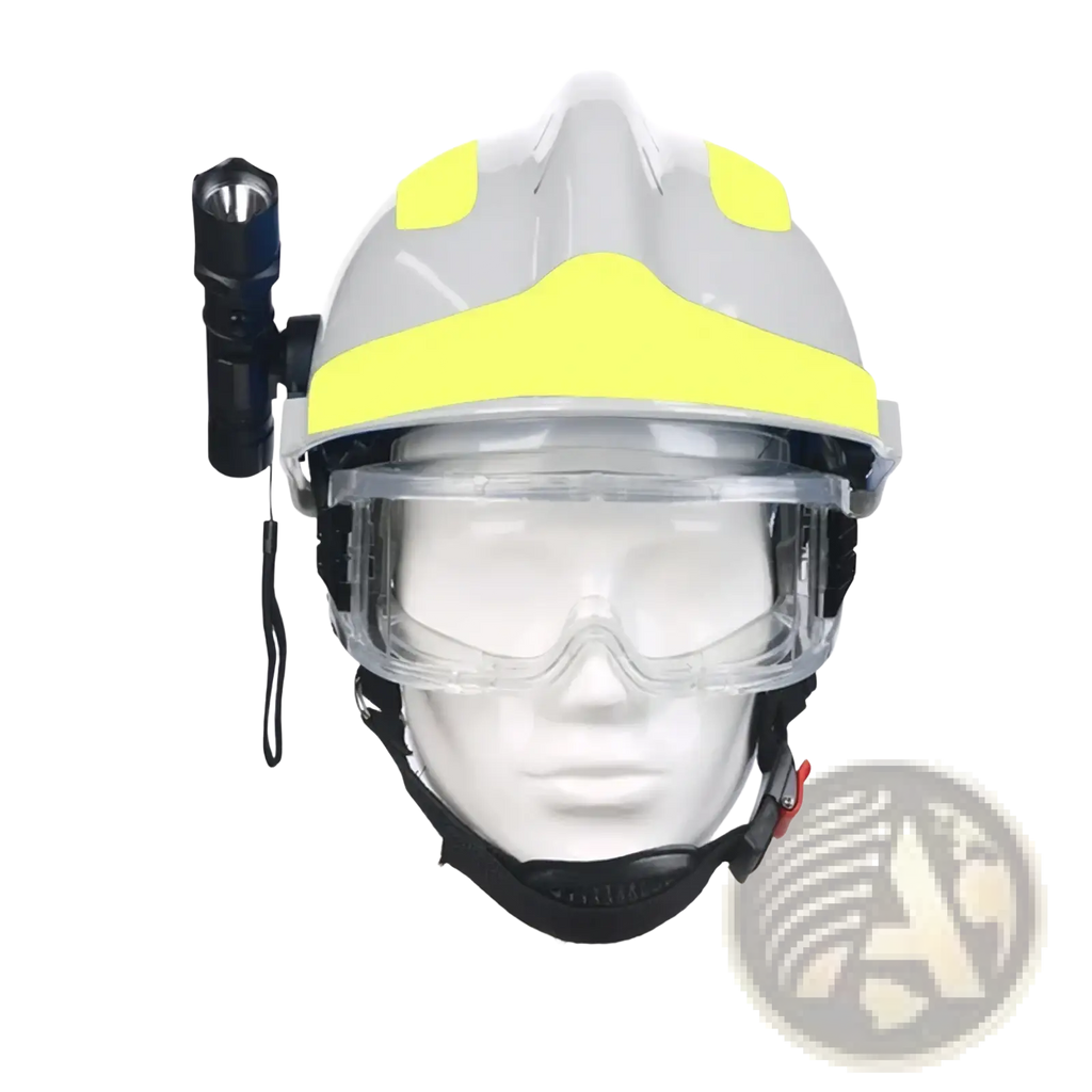 F2 firefighter rescue helmet in gray with bright yellow reflective stripes, clear visor, and mounted black flashlight