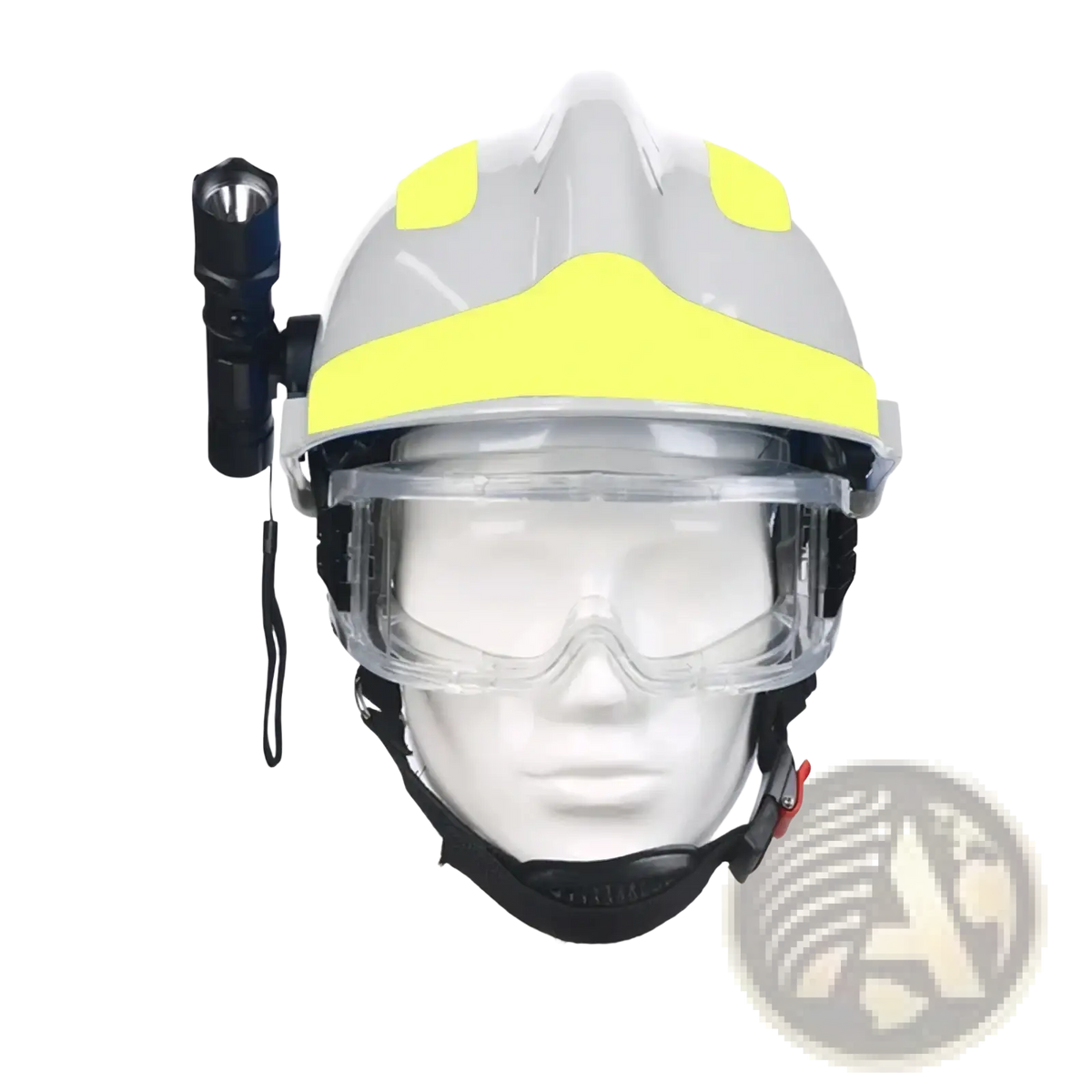 F2 firefighter rescue helmet in gray with bright yellow reflective stripes, clear visor, and mounted black flashlight