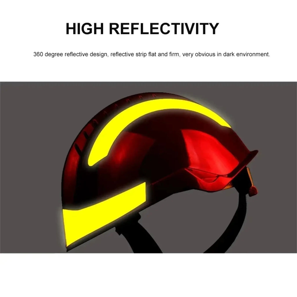 F2 firefighter rescue helmet in red with bright yellow reflective stripes featuring headlamp and goggles