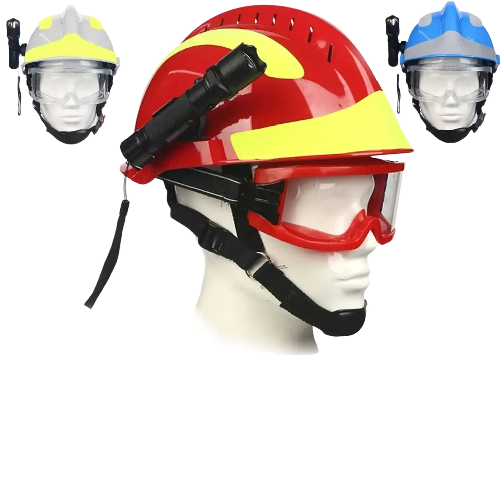 Red and yellow f2 firefighter rescue helmet with integrated clear visor black adjustable straps and mounted flashlight