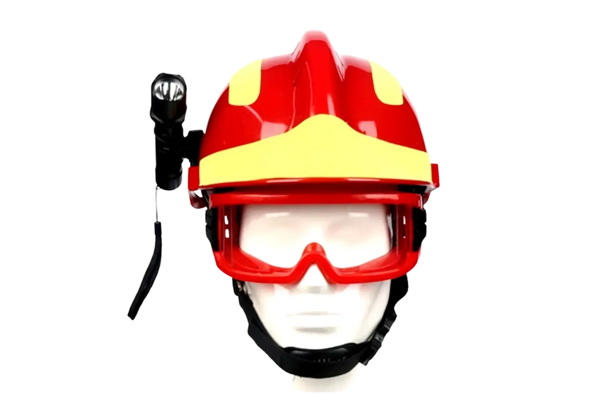 F2 firefighter rescue helmet in red and yellow with integrated headlamp and goggles for enhanced visibility and protection