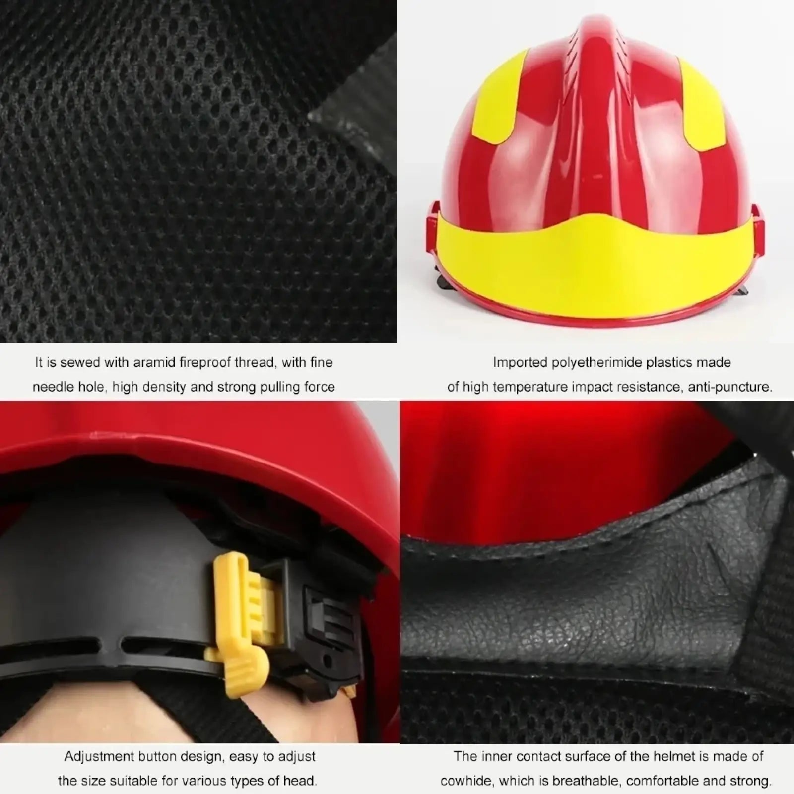 Red and yellow f2 firefighter rescue helmet with headlamp and goggles made of polyetherimide plastic with black mesh lining