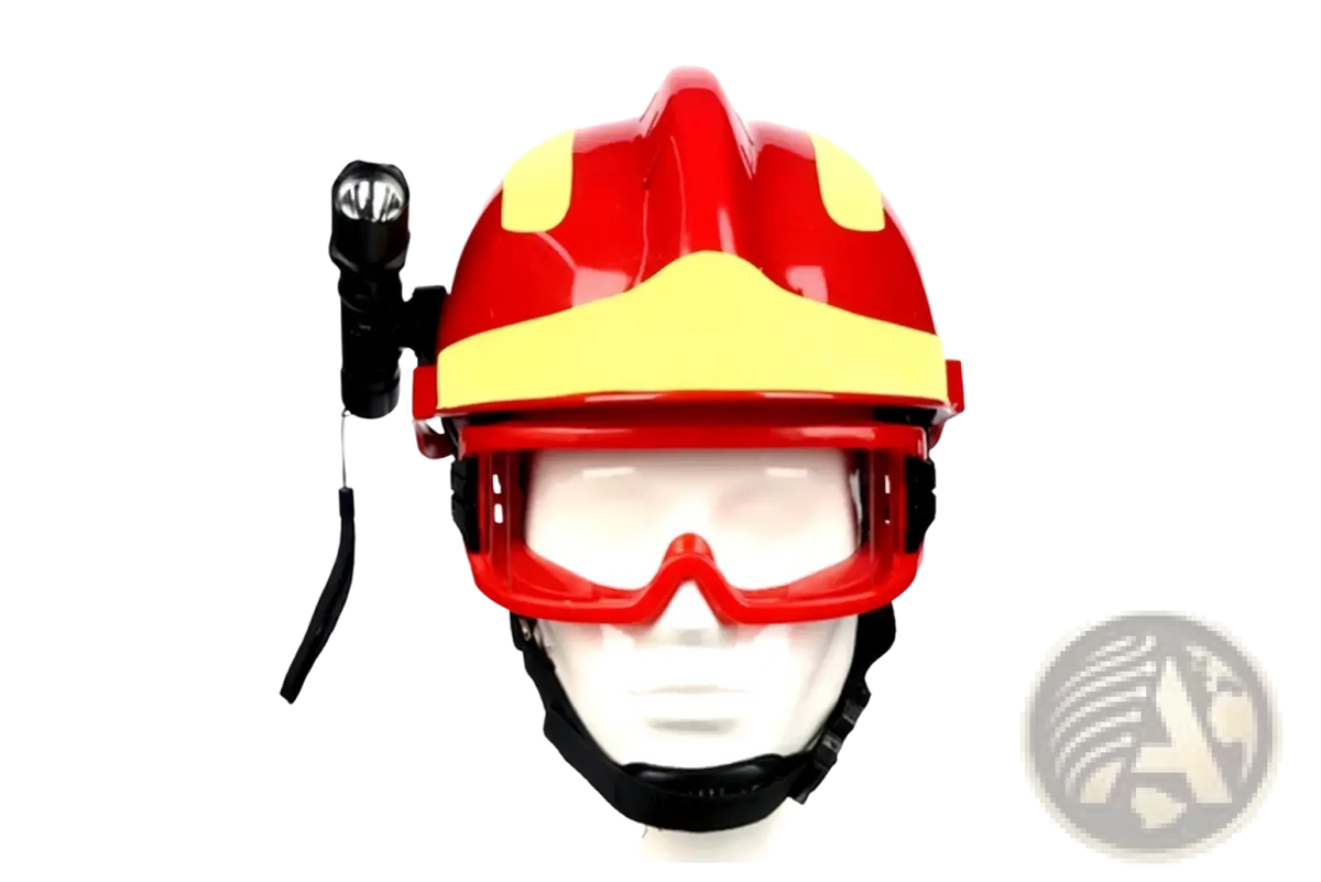 F2 firefighter rescue helmet in red and yellow with integrated headlamp and goggles for enhanced visibility and protection