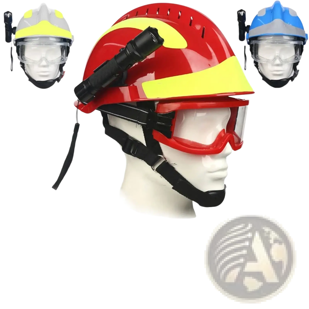 Red and yellow f2 firefighter rescue helmet with integrated clear visor black adjustable straps and mounted flashlight