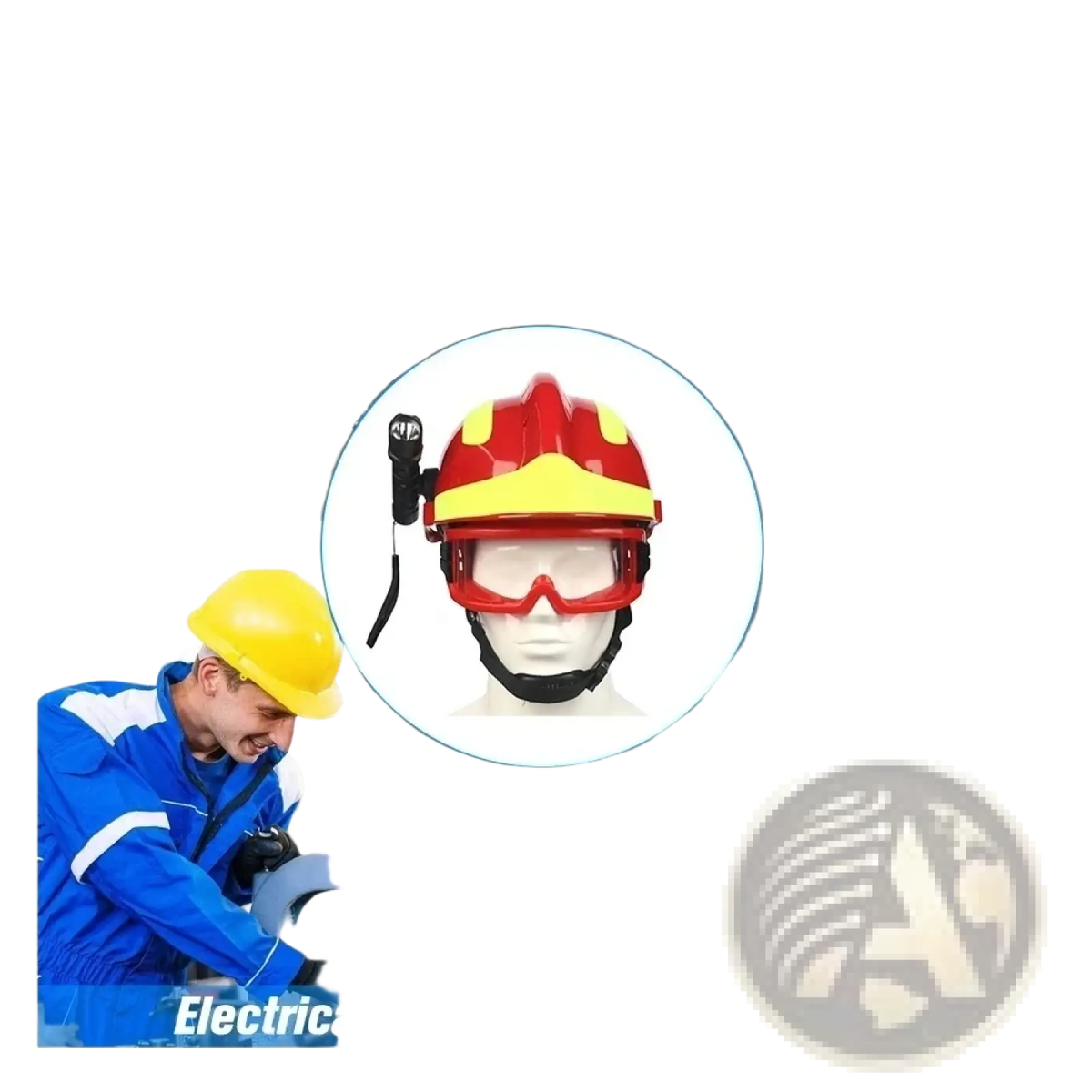 F2 firefighter rescue helmet in red and yellow with integrated goggles and headlamp designed for safety and visibility