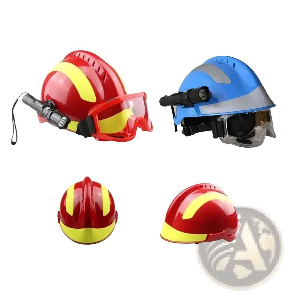 Red and yellow firefighter rescue helmet made of durable material with headlamp and goggles for enhanced visibility and safety