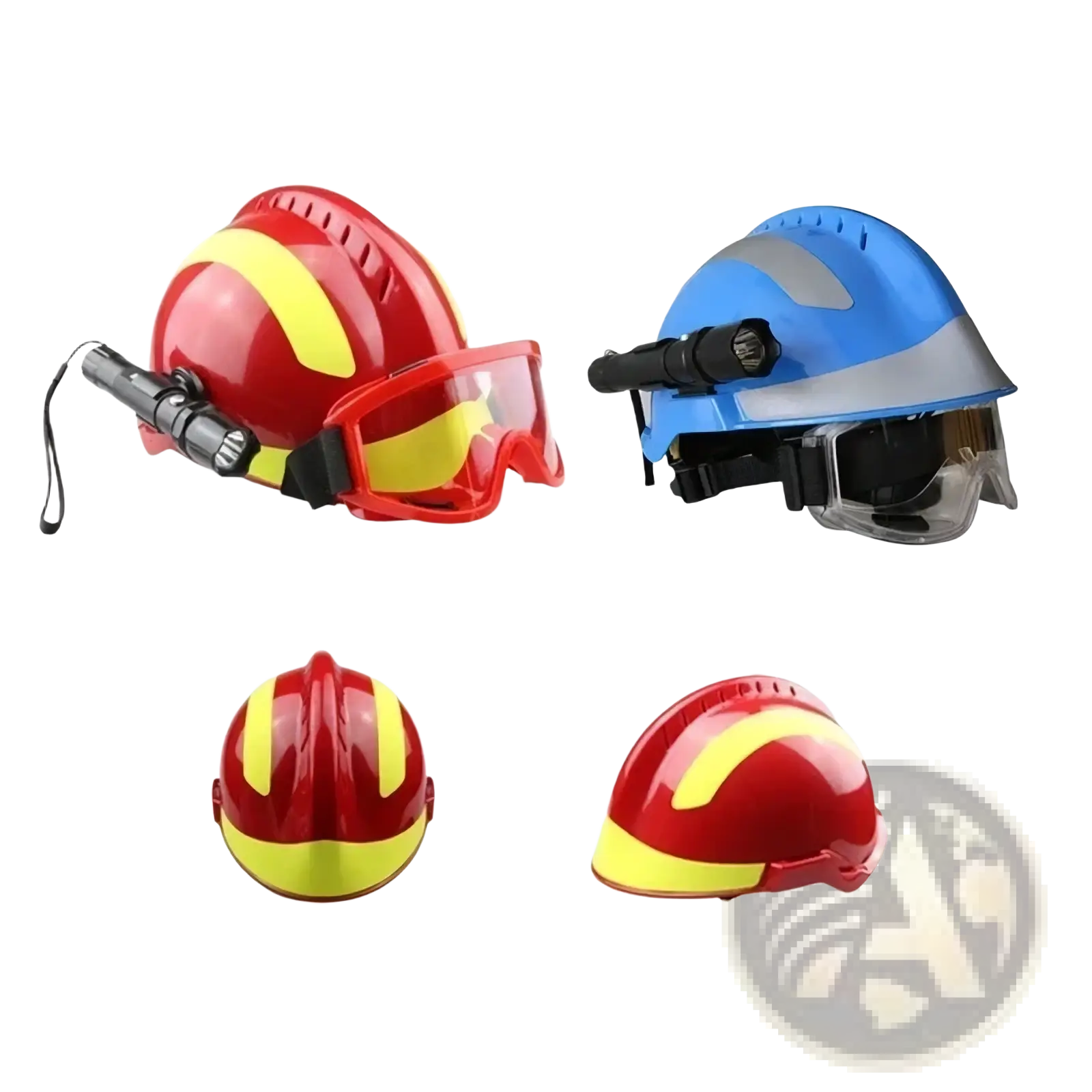 Red and yellow firefighter rescue helmet made of durable material with headlamp and goggles for enhanced visibility and safety